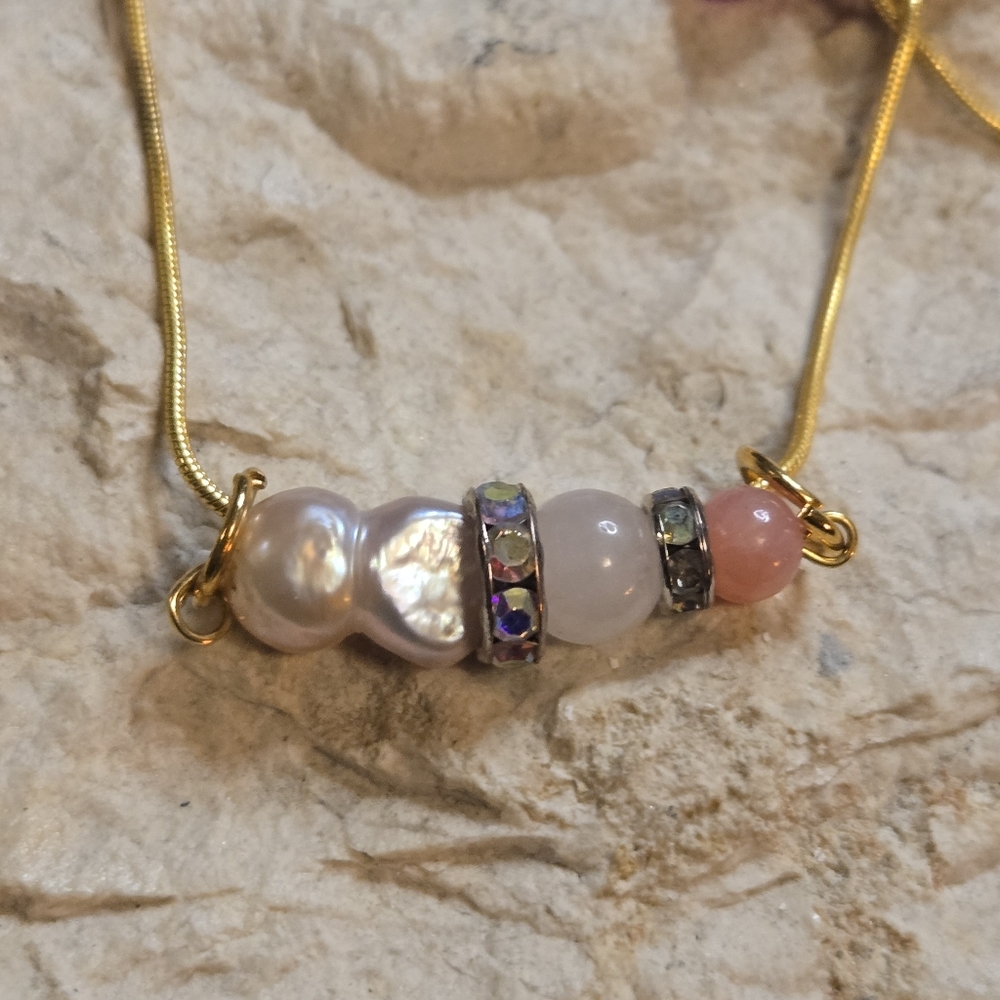Baroque Pearl Vibe Bar Necklace | Rose Quartz & Pink Jade | 18Kgp Chain - Picture 7 of 7